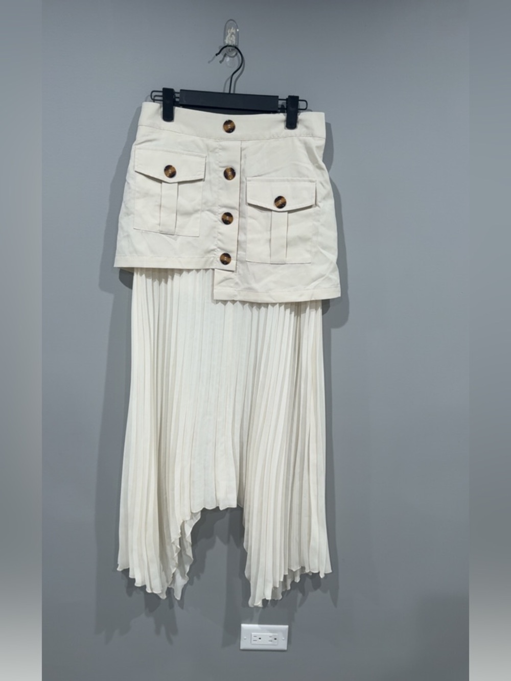 Commense Cream Asymmetric Pleated Maxi Skirt with Buttoned Waist - Picture 5 of 7